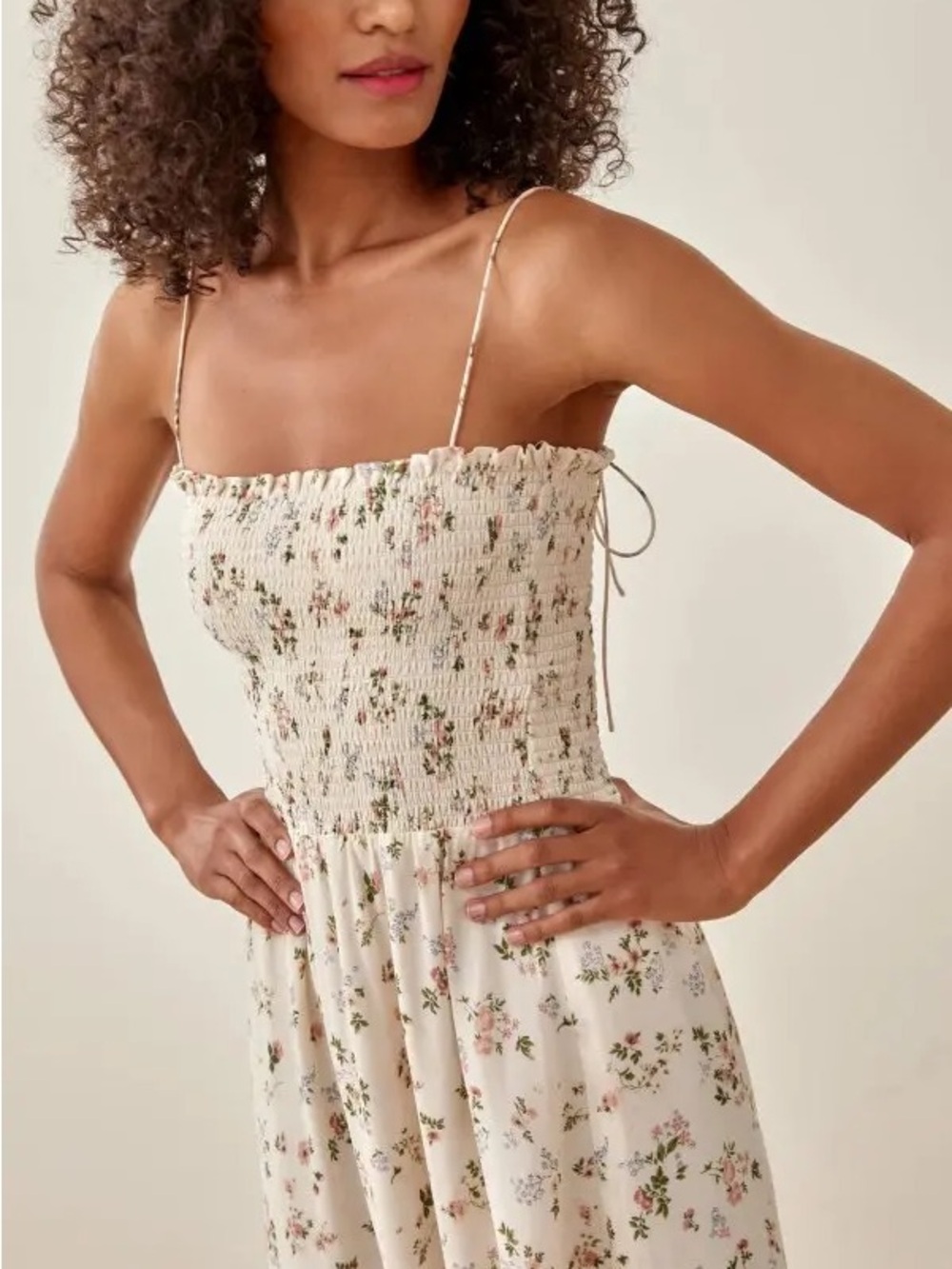 Reformation Sable Cream Floral Print Smocked Midi Dress in Carine Size Small
